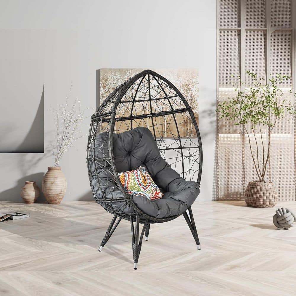 Patio Basket Wicker Outdoor Recliner Egg Chair with Gray Cushion Pillow for