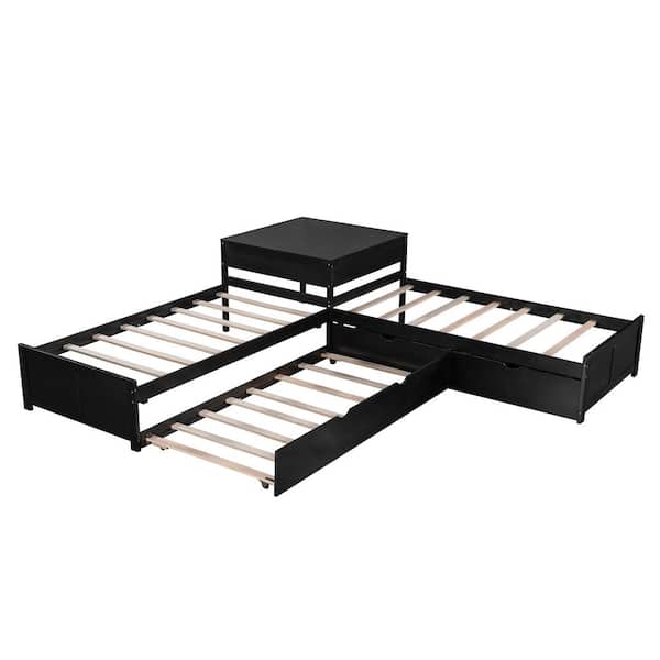 URTR Espresso L-Shaped Platform Bed with Trundle and Drawers Linked with Built-in Desk, Corner Bed with 3 Twin Beds for Kids