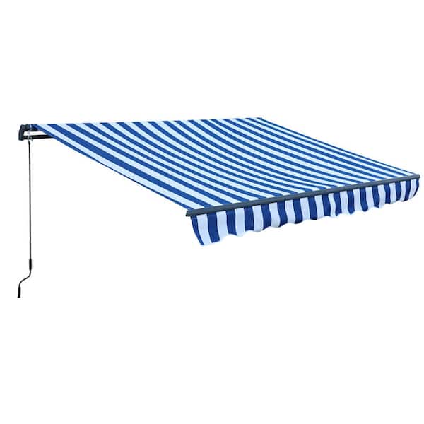 Aoodor 10 ft. x 8 ft. Metal Manual Patio Retractable Awnings 98.42 in. Projection in Blue/White Striped
