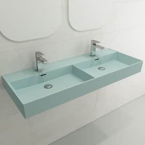 Milano Wall-Mounted Matte Ice Blue Fireclay Rectangular Double Bowl for Two 1-Hole Faucets Vessel Sink with Overflows