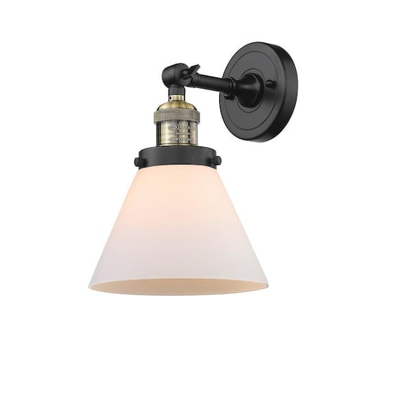 Cone 1-Light Black Antique Brass, Matte White Wall Sconce with White Glass Shade
