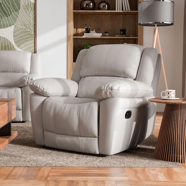Loure Off White Leather Match Recliner with Pillow Top Arms and Adjustable Headrest