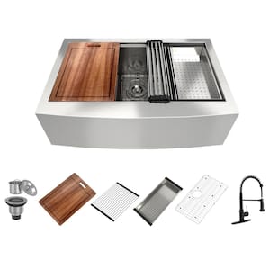 30 in. Farmhouse/Apron-Front Single Bowl Stainless Steel Kitchen Sink with Faucet, Cutting Board, Colander, Bottom Grid