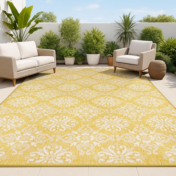 Amora Yellow/Cream 5 ft. x 8 ft. Traditional Mediterranean Tile Design Indoor/Outdoor Area Rug