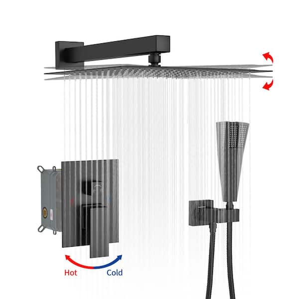 UPIKER 2-Spray Dual Handle Shower Faucet 12 in. Wall Mounted Square Shower Head 1.8 GPM in Matte Black
