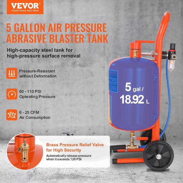 5 Gal. Sand Blaster 60 to 110 PSI High Pressure Sandblaster with 4 Nozzles, Oil-Water Separator for Paint Stain Removal