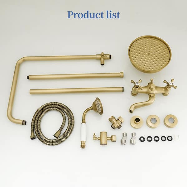 BWE Outdoor Shower Fixture – Antique Brass 3-Function Exposed Shower System With 8" Rainfall Head, Handheld Spray & Tub Spout, Double Handle, Height Adjustable 40.5-53.1"
