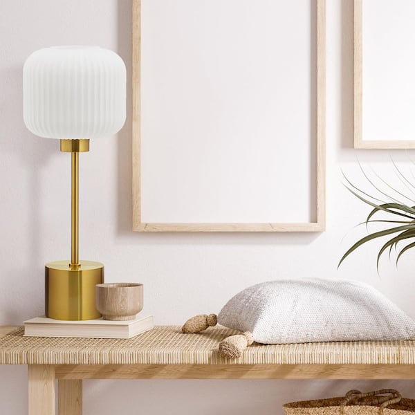 Aislin 21 in. Brushed Gold Metal Table Lamp with Globe Shade in Textured White Glass