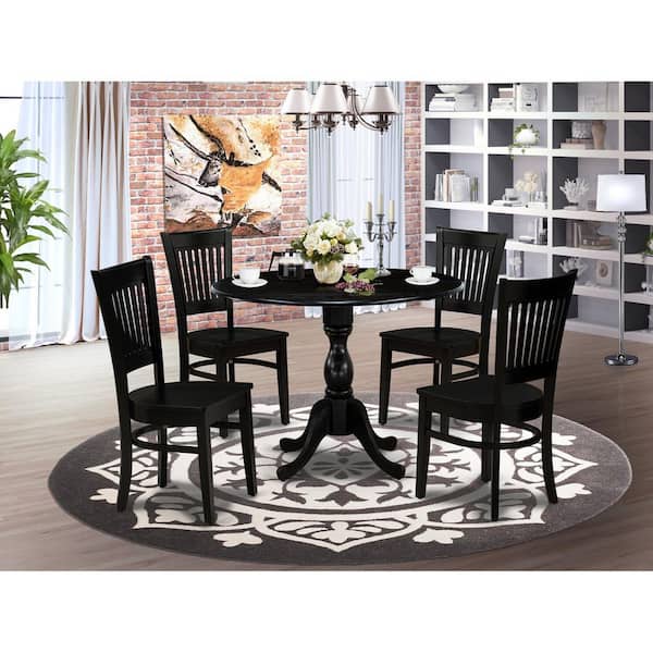 5-Piece Round Black Finish Solid Wood Top Dining table with 4 Chairs with Drop Leaf Slat Back