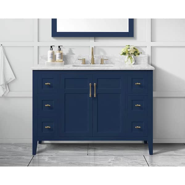 Home Decorators Collection Sturgess 49 in. W x 22 in. D x 35 in. H Single Sink Freestanding Bath Vanity in Navy Blue with Carrara Marble Top