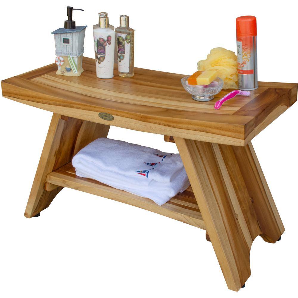 30" Earthy Teak Wood Shower Bench with Shelf