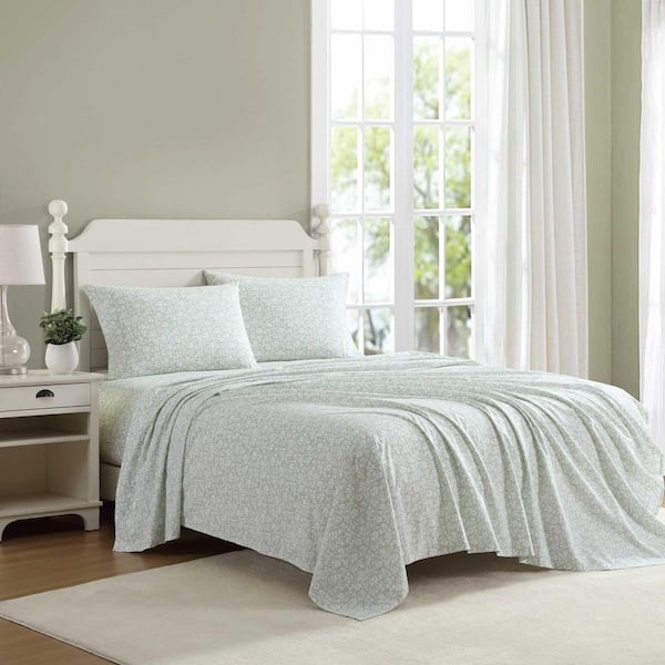 Laura Ashley Heirloom Ditzy 4-Piece Moss Green Cotton Queen Sheet