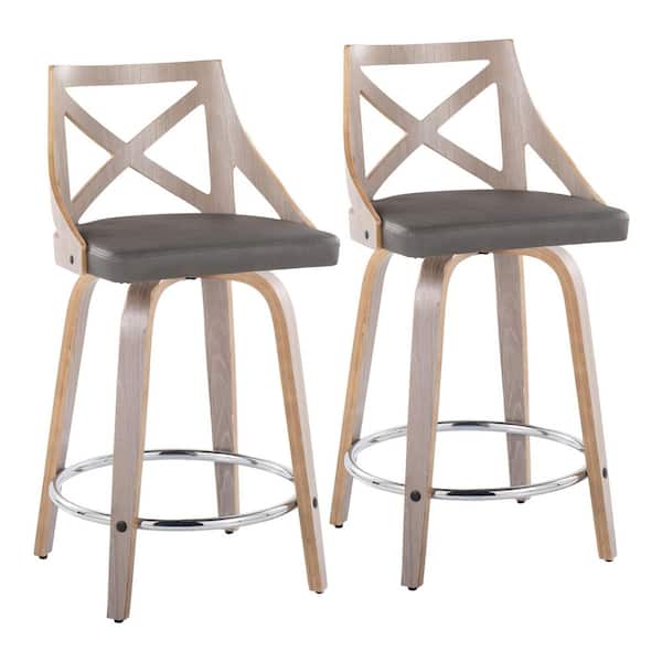 Charlotte 24 in. Light Grey Wood and Grey Faux Leather Fixed-Height Counter Stool (Set of 2)