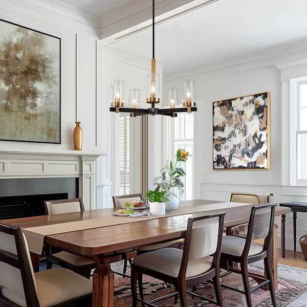 22 in. 5-Light Brass Gold Dining Room Chandelier, Seeded Glass Black Pendant Light, Modern Vintage Linear Chandelier