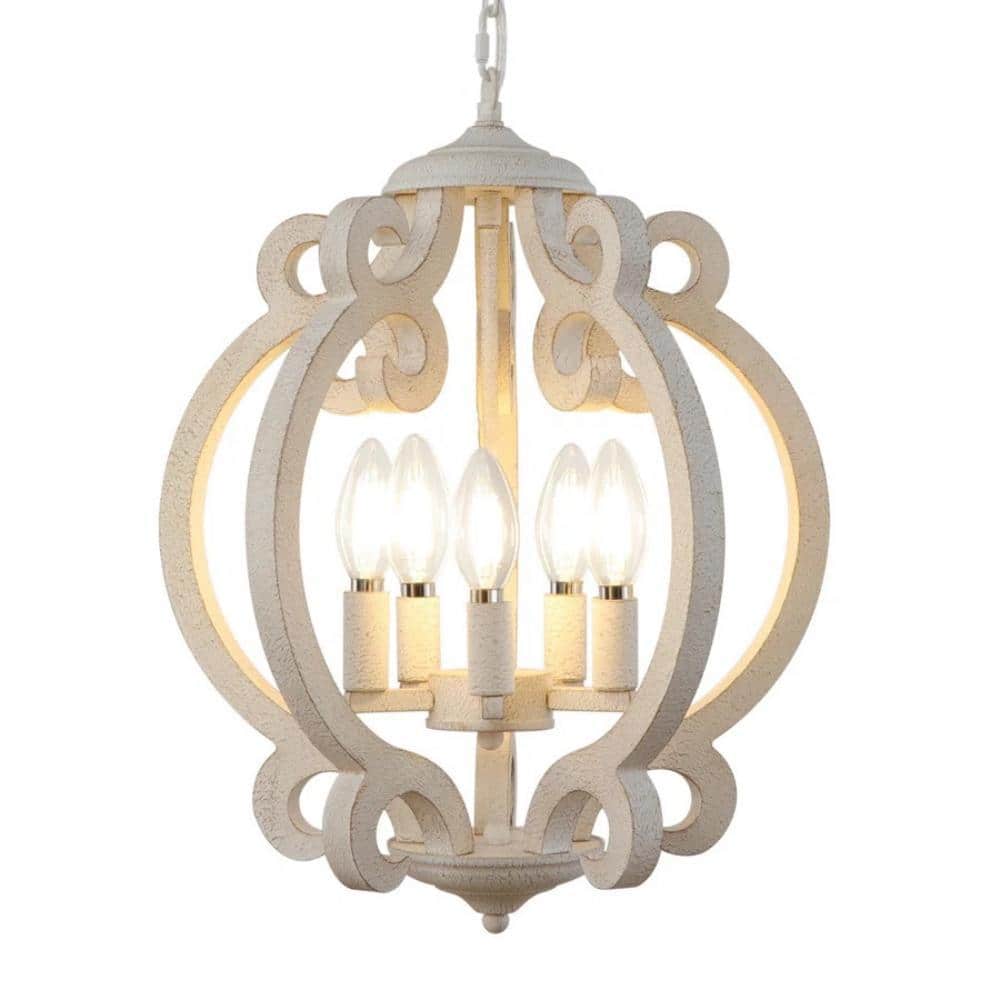 18.9 in. 5-Light Weathered Wooden Distressed White Farmhouse Cottage Chande