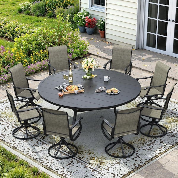 9 Pieces Metal Outdoor Patio Dining Set with 60 in. Black Round Dining Table and 8 Brown Textilene Swivel Dining Chairs