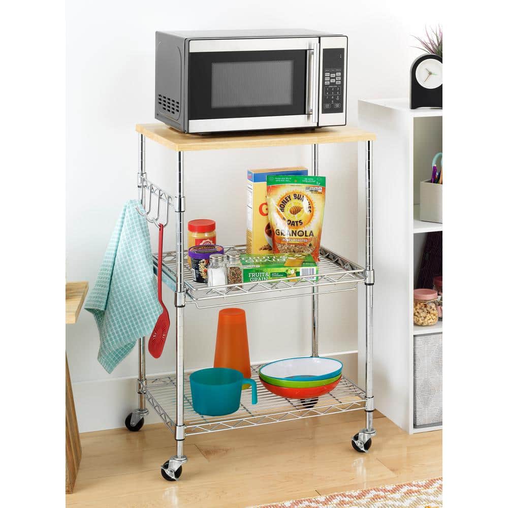Whitmor Silver Steel Utility Cart with Wood Top and Storage
