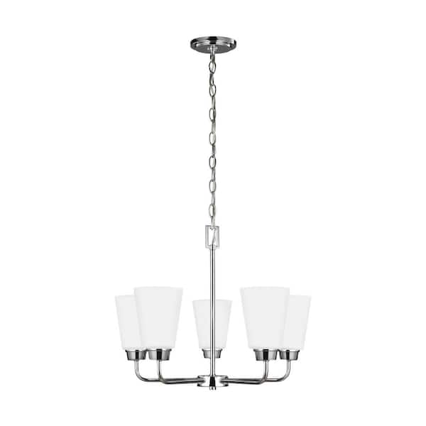 Generation Lighting Kerrville 5-Light Chrome Chandelier with Satin Etched Glass Shade with Dimmable Candelabra LED Bulb