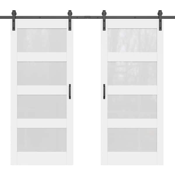 ARK DESIGN 72 in. x 84 in. 4-Lite Tempered Frosted Glass White Prefinished MDF Sliding Barn Door Slab with Hardware Kit