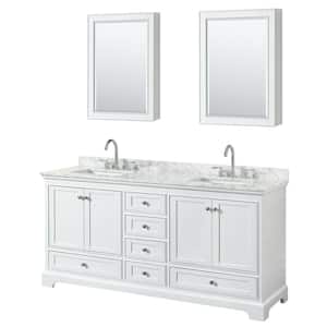 72 in. W x 22 in. D Vanity in White with Marble Vanity Top in Carrara White with White Basins and Medicine Cabinets