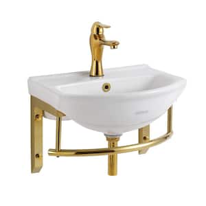 Ridge White Ceramic Small Wall Mounted Bathroom Sink with Brass Faucet Drain Towel Bar and Overflow