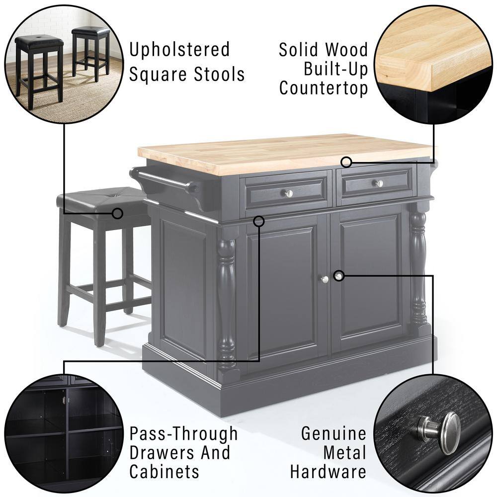 Oxford Black Butcher Block Kitchen Island with Cushioned Stools