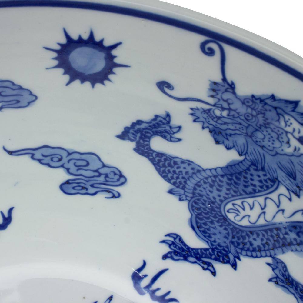 Elegant Dragon Blue & White Porcelain Decorative Bowl 14"