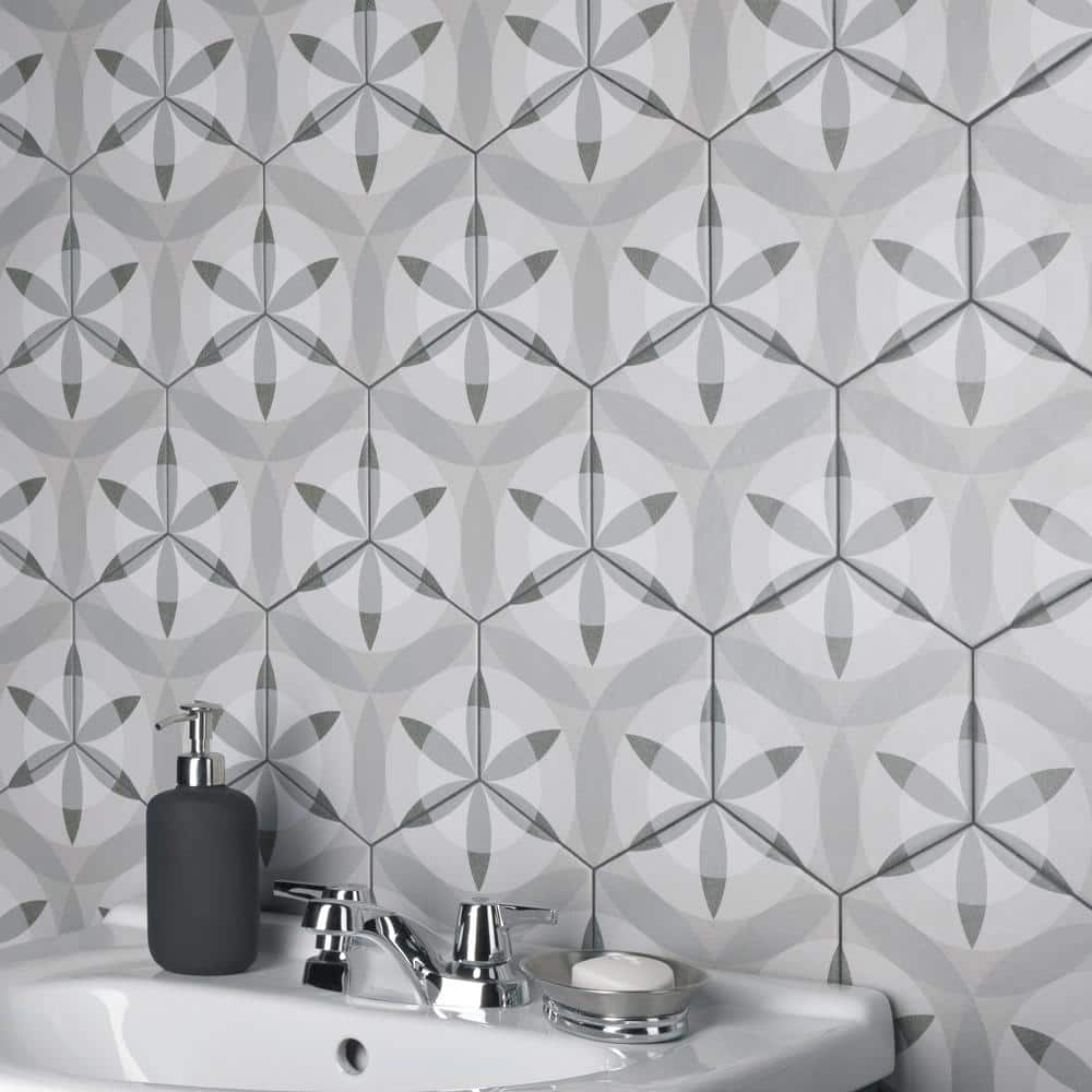Hexatile 7"x 8" Gray Porcelain Patterned Wall & Floor Tile