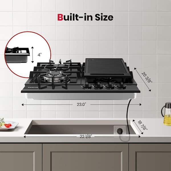 24 In Recessed Gas Cooktop 4 Burners in Black with Griddle