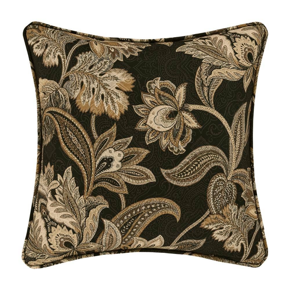 Montecito Black and Beige Floral Square Throw Pillow