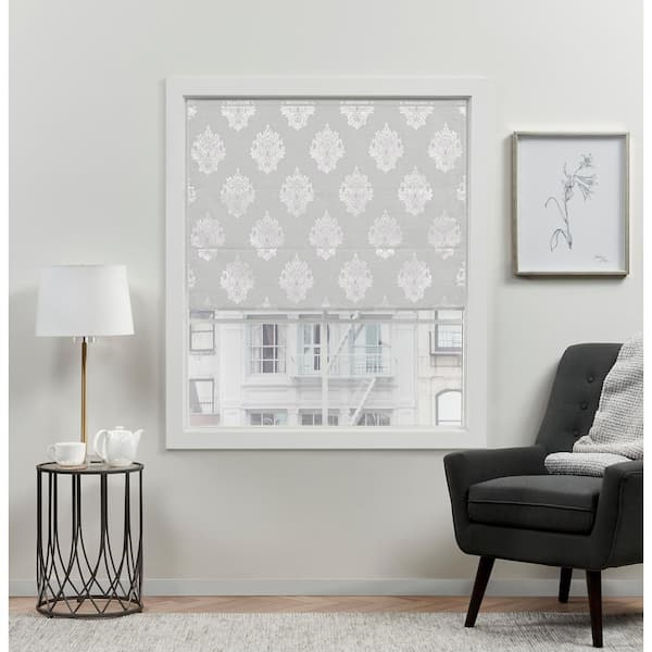 EXCLUSIVE HOME Marseilles Damask Silver Cordless Total Blackout Roman Shade 34 in. W x 64 in. L