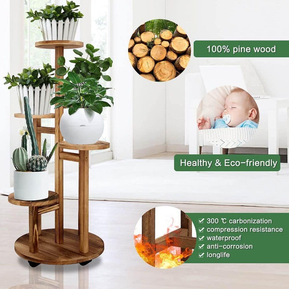 Walnut 5-Tier Pine Wood Indoor Plant Stand with Wheels