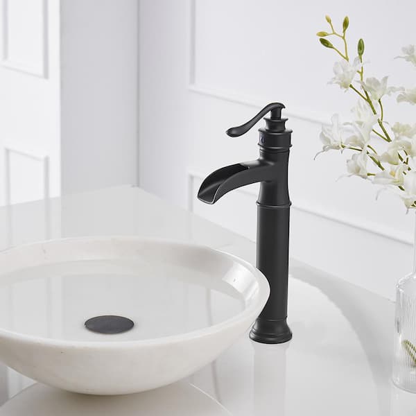 Single Hole Single Handle Waterfall Bathroom Vessel Sink Faucet with Pop-up Drain Assembly in Matte Black