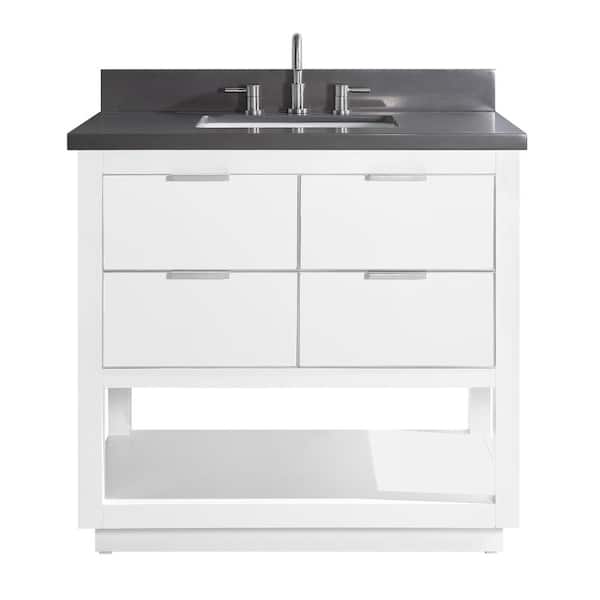Allie 37 in. Single Sink White with Silver Trim Bath Vanity with Gray Quartz Top