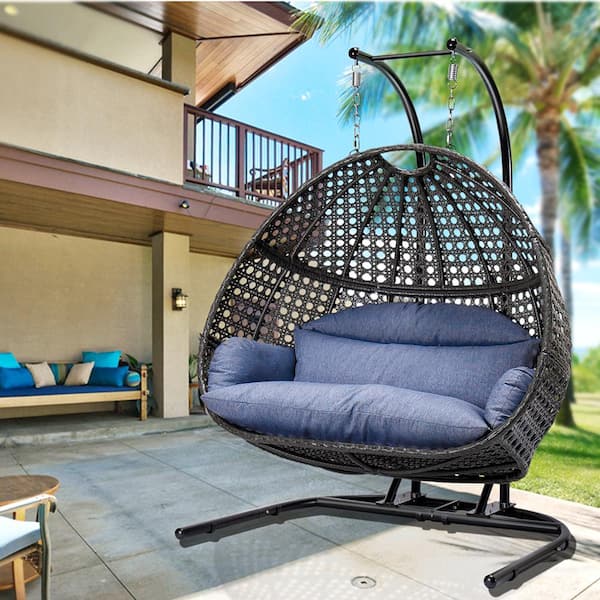 Tenleaf 2-People Outdoor Leisure Swing Chair with Blue Cushion