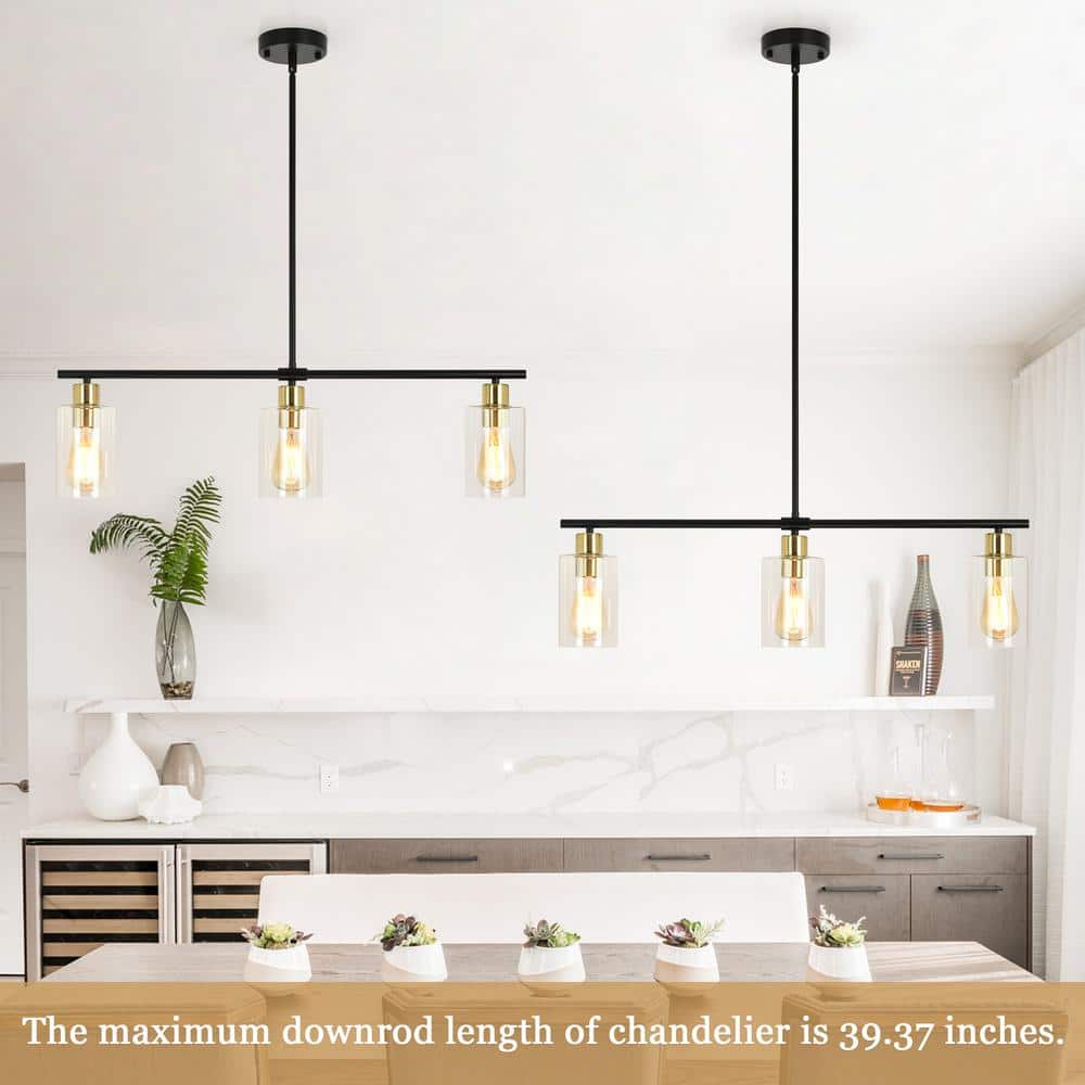 Black and Gold Linear Metal Chandelier with Clear Glass Shades