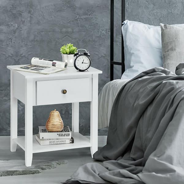 White 1 Drawer Nightstand with Storage Shelf for Bedroom Living Room