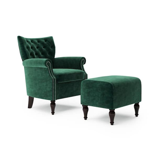 Handy Living Margaux Emerald Green Velvet On Tufted Rolled Arm Chair And Ottoman Set A153126 Handy Living Margaux Emerald Green, Emerald Green Accent Chair With Ottoman