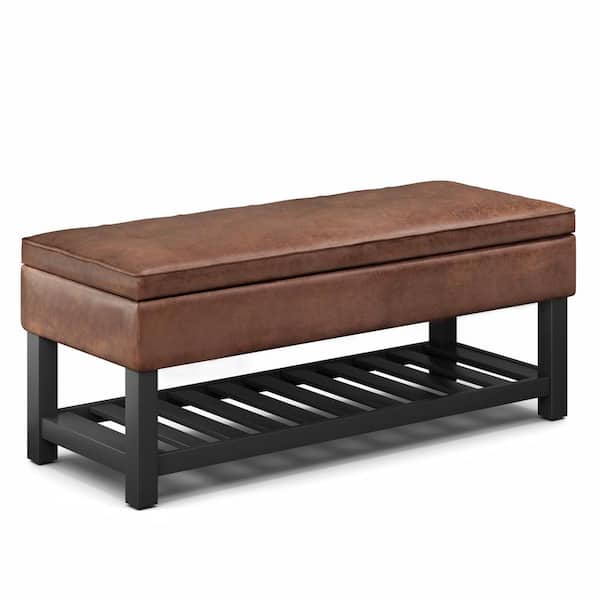 Simpli Home Cosmopolitan 44 in. W Transitional Storage Ottoman Bench with Open Bottom in Distressed Saddle Brown Faux Leather