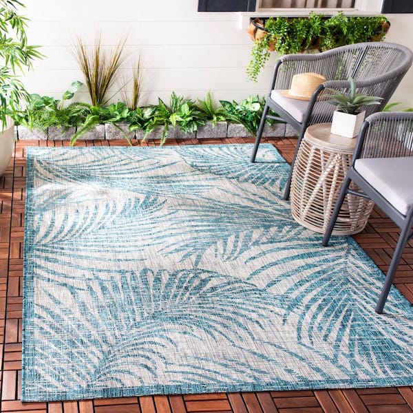 Courtyard Gray/Aqua 8 ft. x 11 ft. Geometric Indoor/Outdoor Patio  Area Rug