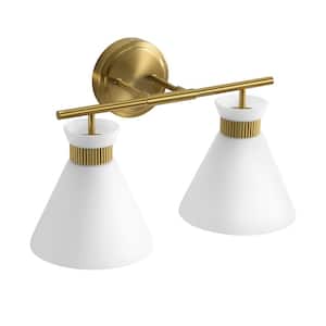17.3 in. 2-Light Brushed Gold Vanity Light with Milk White Glass Shade Modern Bathroom Light Fixture
