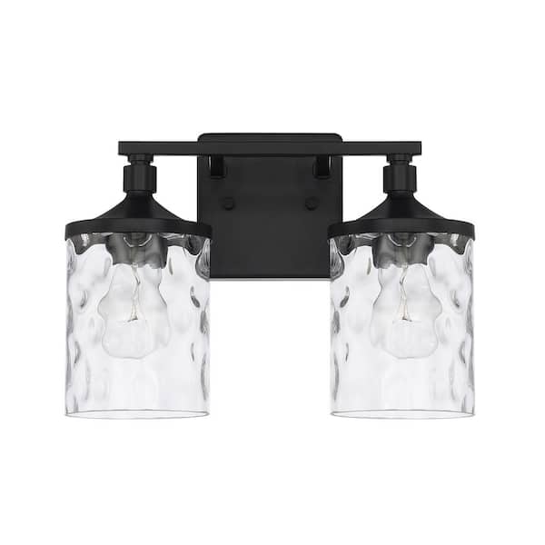 13 in. W x 10 in. H x 7 in. E 2-Light Clear Water Glass Vanity Light in Matte Black