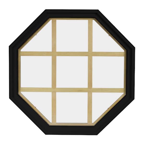 24 in. x 24 in. Octagon Black 6-9/16 in. Jamb 9-Lite Grille Geometric Aluminum Clad Wood Window