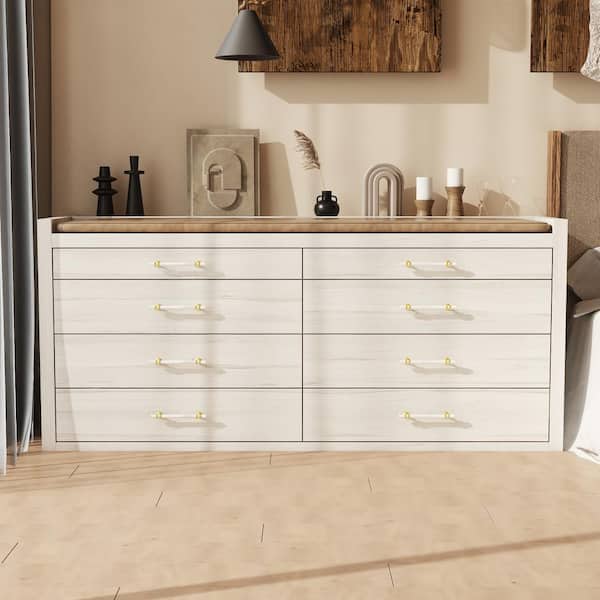 FUFU&GAGA White Wooden Grain 8 Drawers 66.5 in. Width Chest of Drawers, Sideboard with 2 Open Shelves