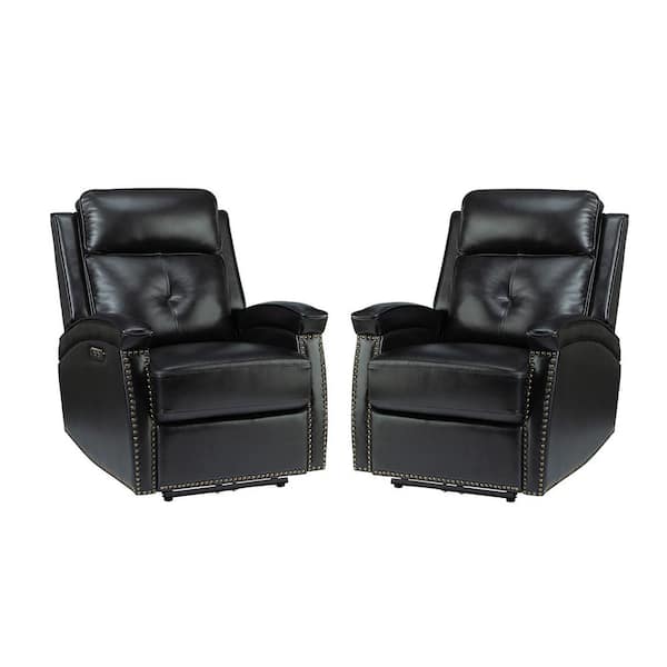 JAYDEN CREATION Hermann Black Genuine Leather Power Recliner With Bronze Nailhead Trim Set of 2