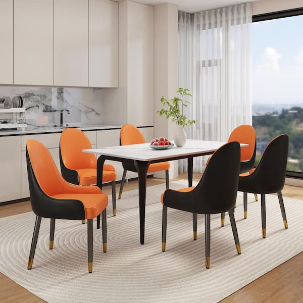Magic Home Set of 6 Ergonomic PU Leather Dining Chair Morden Desk Chair with Solid Wood Metal Legs and Backrest, Orange