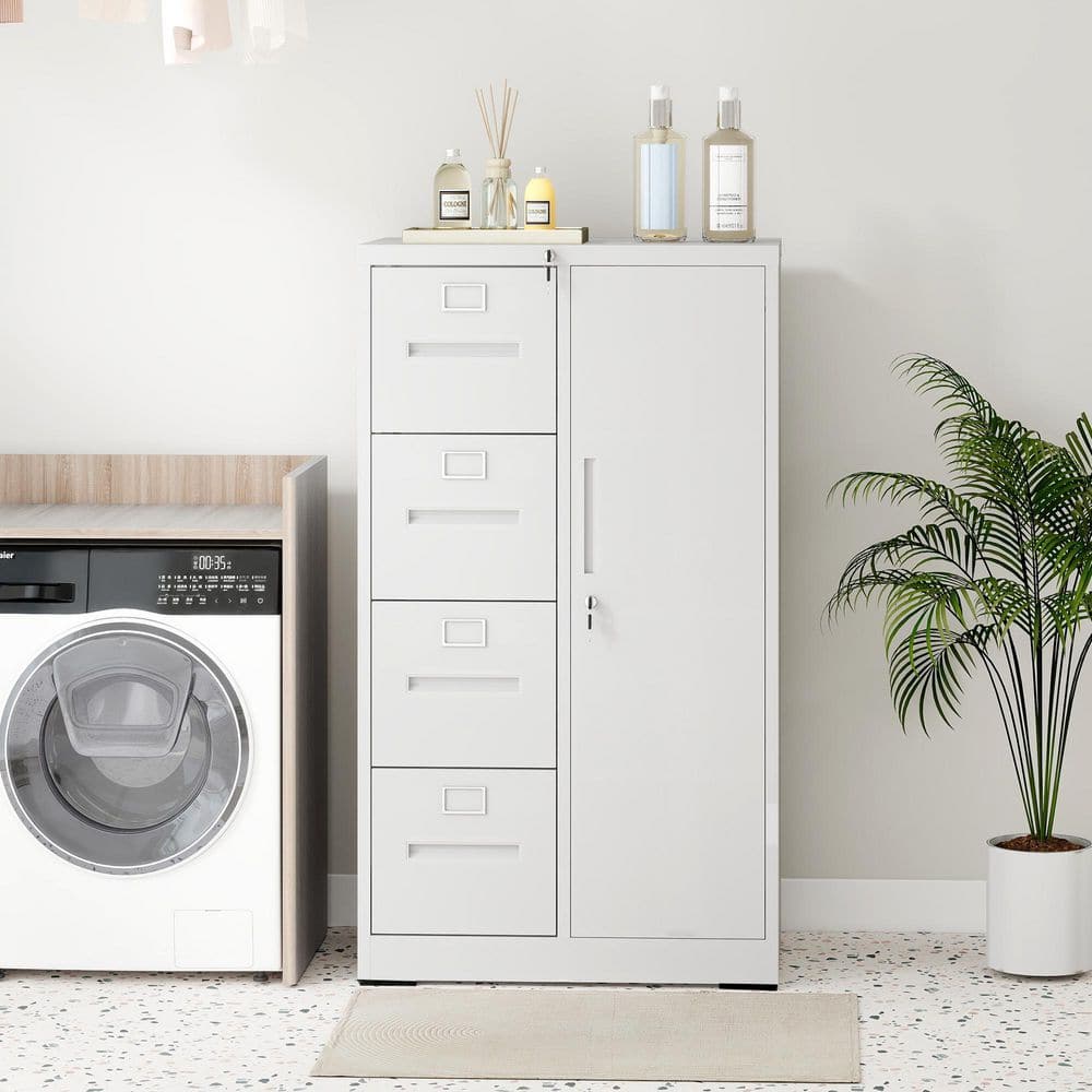 Corira Modern White 52.3 in. Metal Accent Storage Cabinet with Doors and Drawers, Garage Tool Locking Cabinet