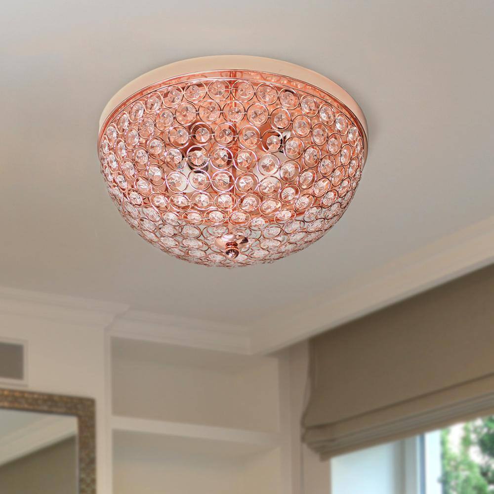Rose Gold Crystal Embellished Copper Bowl Flush Mount Light