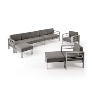 Cape Coral Silver 7-Piece Aluminum Patio Conversation Sectional Seating Set with Khaki Cushions