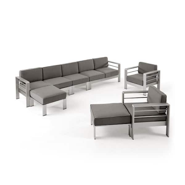 Noble House Cape Coral Silver 7-Piece Aluminum Outdoor Patio Conversation Sectional Seating Set with Khaki Cushions